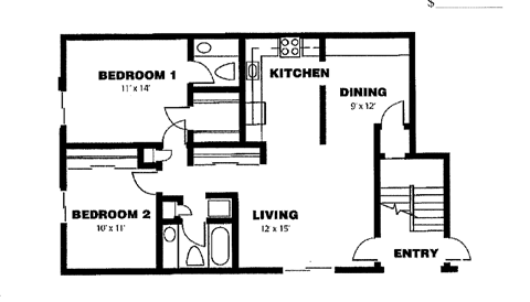 Floor plan for 2 beds, 1.5 baths, 950 sqft